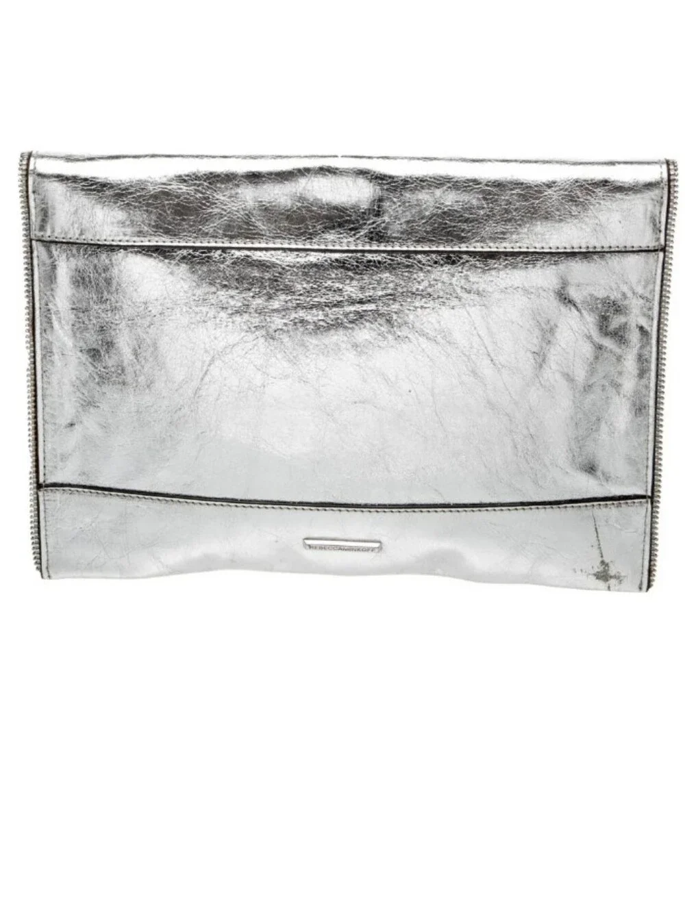Rebecca Minkoff Silver Leather Envelope Clutch Metallic W/Zip Detail
